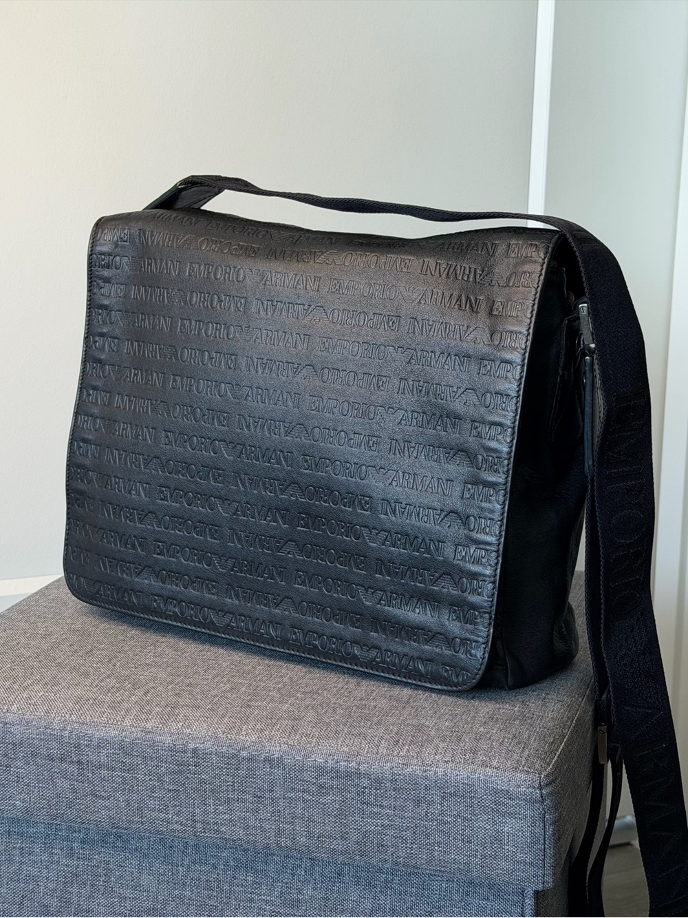 Emporio Armani Black Leather Embossed Messenger Bag
